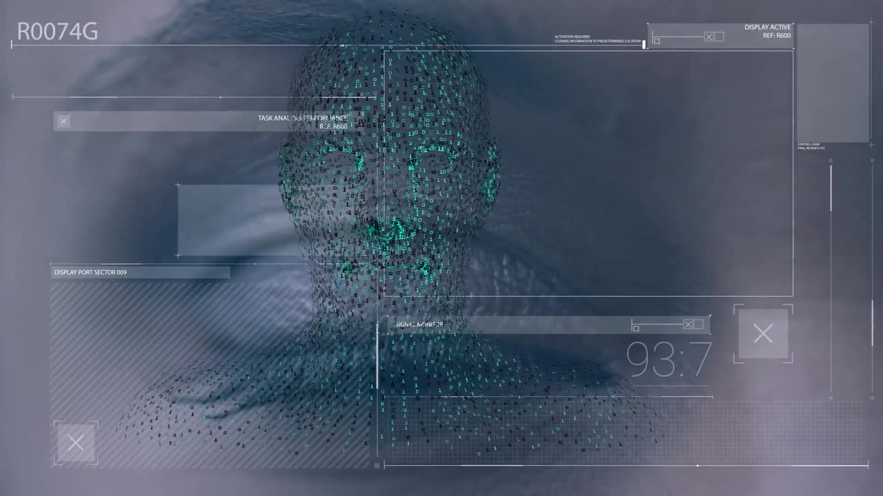 animación de humano digital y procesamiento de datos sobre el ojo de una mujer caucásica