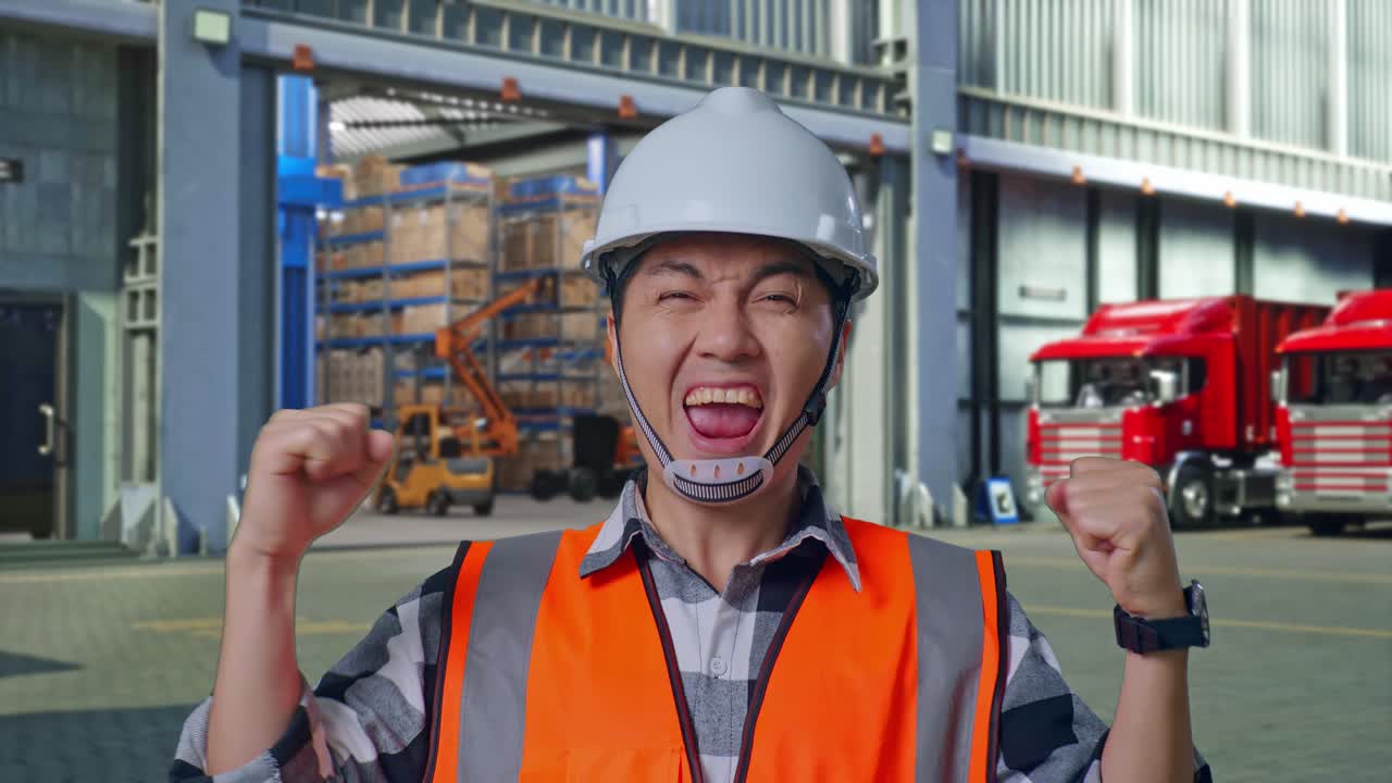 Close Up Of Asian Male Engineer With Safety Helmet Screaming Goal Celebrating Working , Outside of Logistics Distributions Warehouse