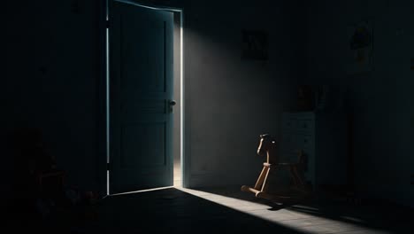 a mysterious playroom: sunlight filters through an open door, illuminating a rocking horse in an abandoned room filled with gentle shadows and dust particles