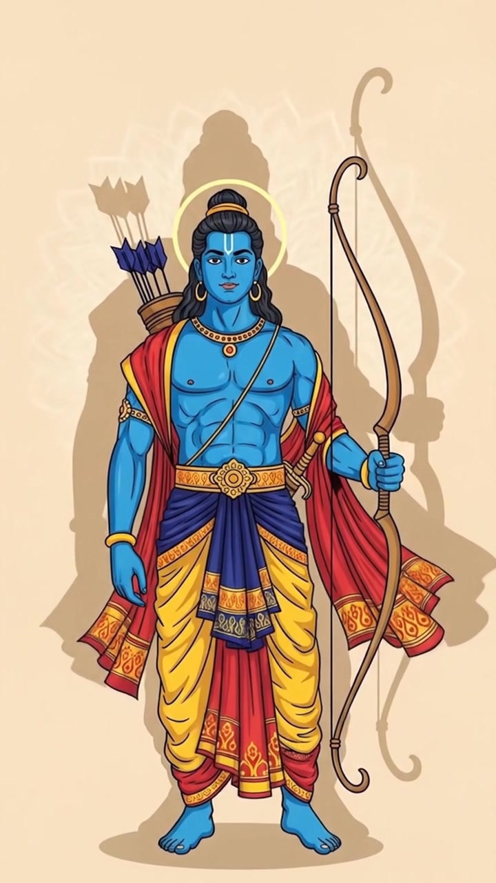 Animação do Senhor Rama segurando arco e flecha para o Dussehra