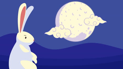 conejo lindo con luna y caracteres de nubes