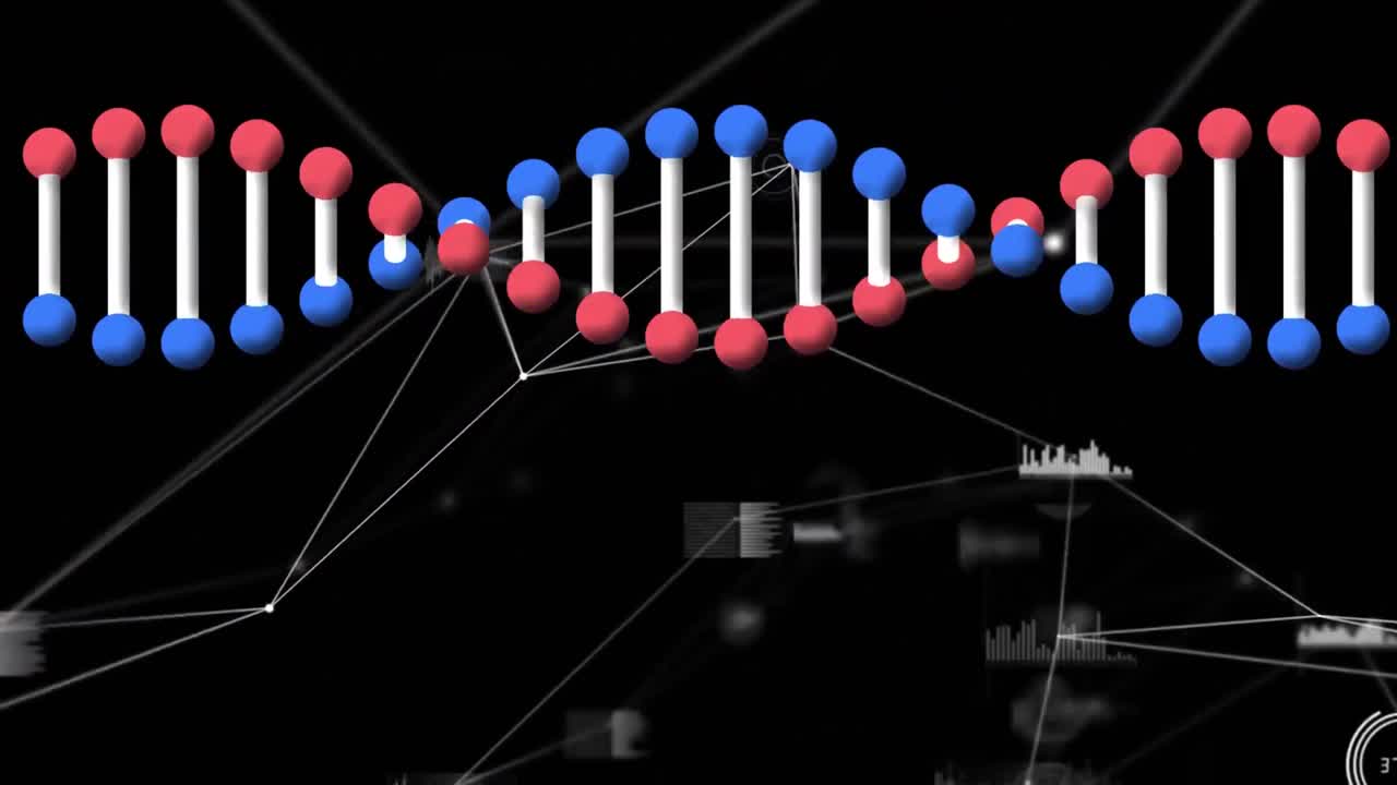 검은 바탕의 연결 네트워크에 대해 회전하는 dna 구조의 디지털 애니메이션