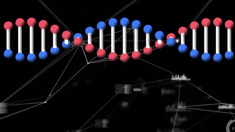 digital animation of dna structure spinning against network of connections on black background