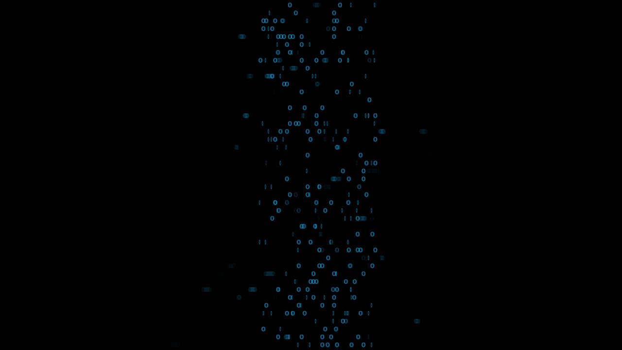 Streams of blue binary numbers and circles fall down screen in a seamless loop. Abstract concept for data, coding, hacking, or technology background. Matrix-style digital rain effect