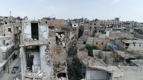 aerial view of buildings of aleppo in syria 10 years after the civil war. we can see ruins of building, destroyed after bombing 4k