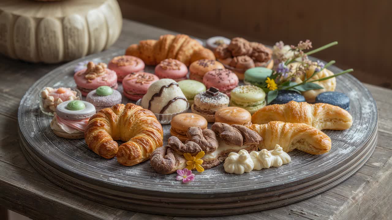 Gliding camera refining focus on round platter on rustic table, macarons, croissants for texture