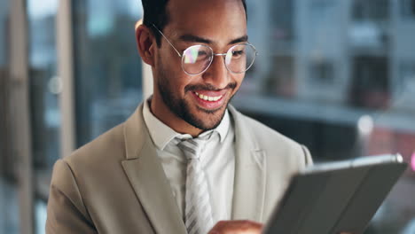 office tablet, face and happy man typing