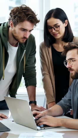 a group of people are working together on a laptop at modern office.