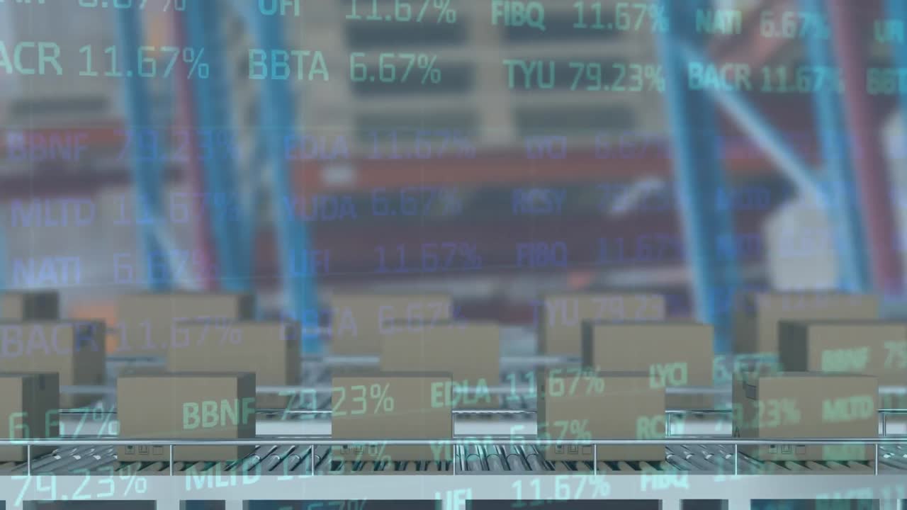 Animazione dell'elaborazione di dati finanziari su scatole di cartone su nastri trasportatori