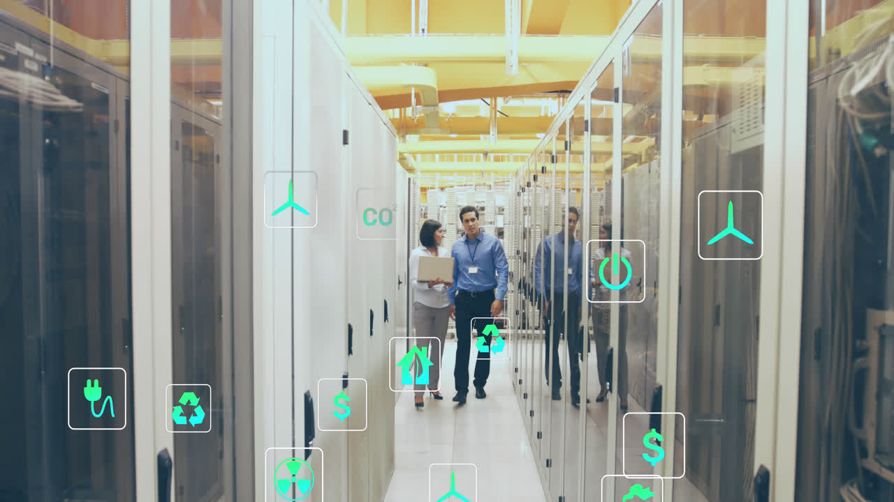 animación de los iconos que caen sobre la sala del servidor