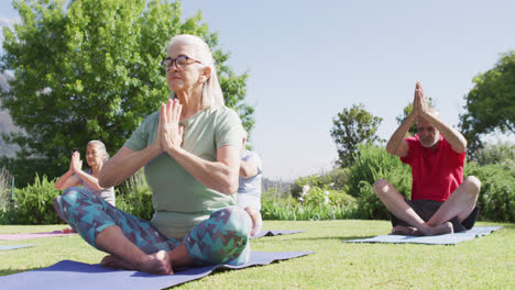 diverse group of male and female seniors practicing yoga meditation sitting in garden, slow motion