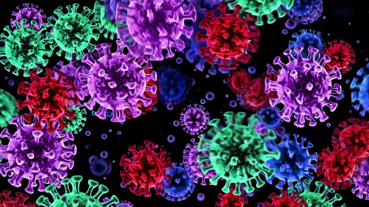 Microscopic view of vibrant virus particles floating and swirling against a dark backdrop, creating a captivating kaleidoscope that emphasizes their complex structure and potential threat