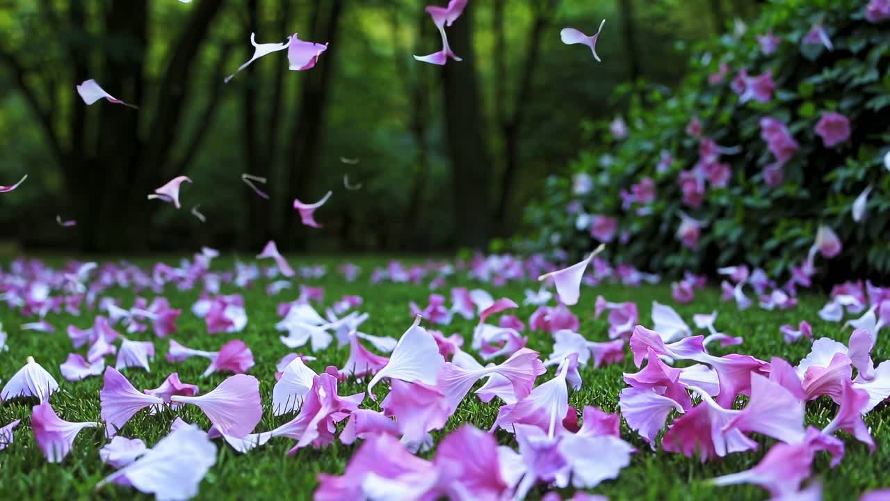 Petals gracefully falling in a serene forest setting, captured in a close-up, slow-motion video