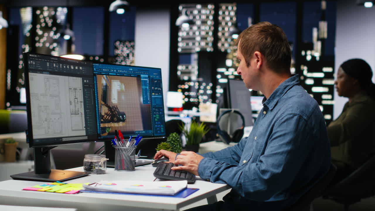 Expert designer decorating apartment floor plan using blueprints on pc