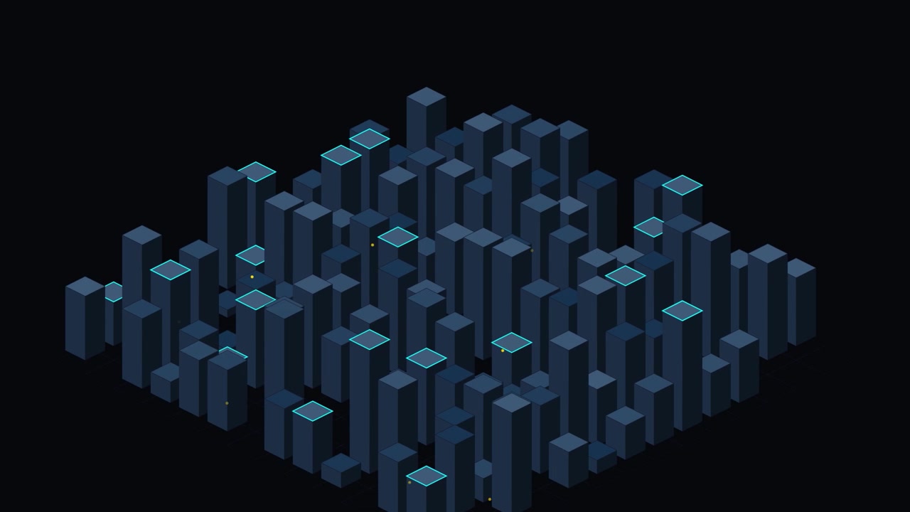 Abstract Isometric Cityscape with Glowing Data Blocks