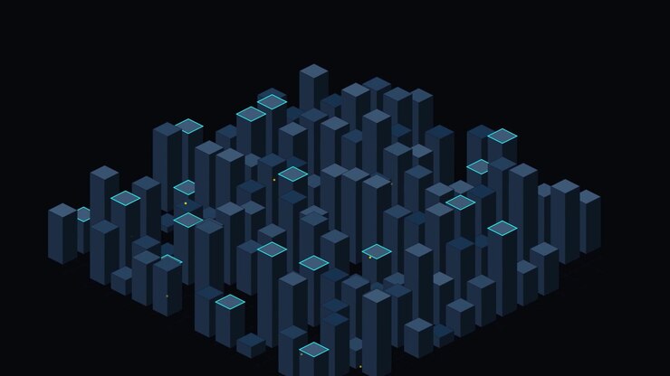Abstract Isometric Cityscape with Glowing Data Blocks