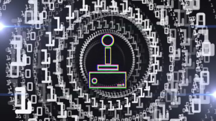 Animating joystick icon over spiraling binary code background