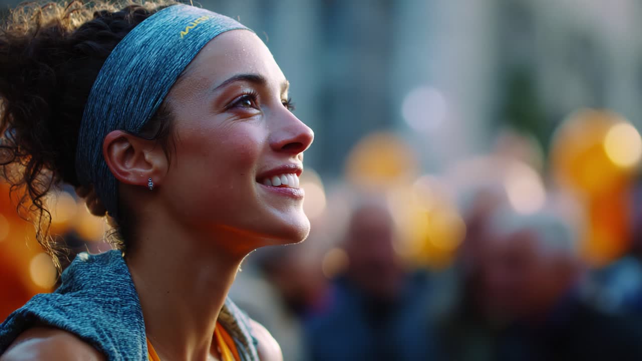 Joyful Athlete Smiling in Celebration with Cheerful Crowd Behind, Capturing the Essence of Triumph and Community Spirit in a Vibrant Gathering, Full of Life and Positive Energy