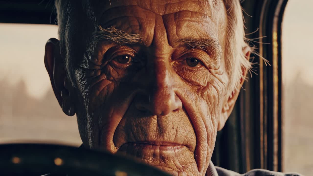 Close-up video shot of an elderly man driving, capturing deep wrinkles and contemplative expression