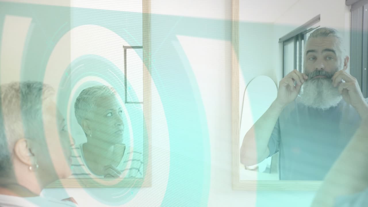 Couple looking into mirrors, doing morning skin-care while teal overlays sweeping across mirrors