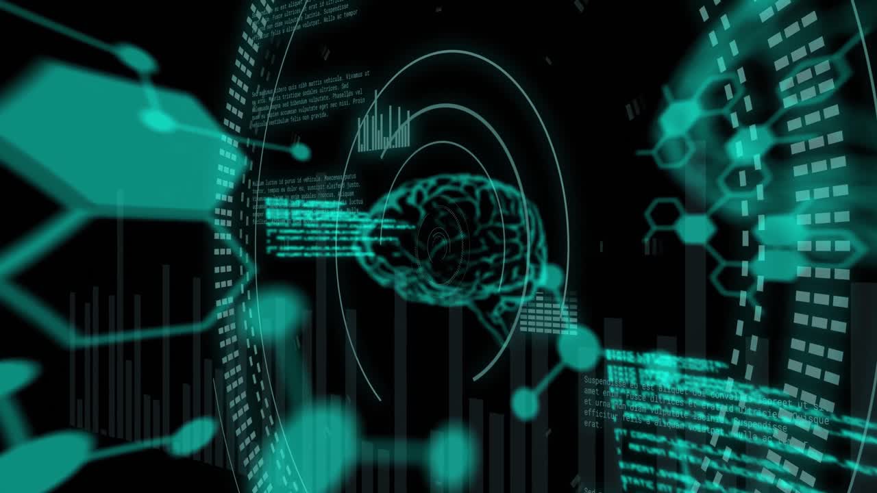 Animation of data processing and human brain over scopes scanning