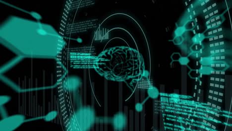animación del procesamiento de datos y escaneo del cerebro humano a través de telescopios