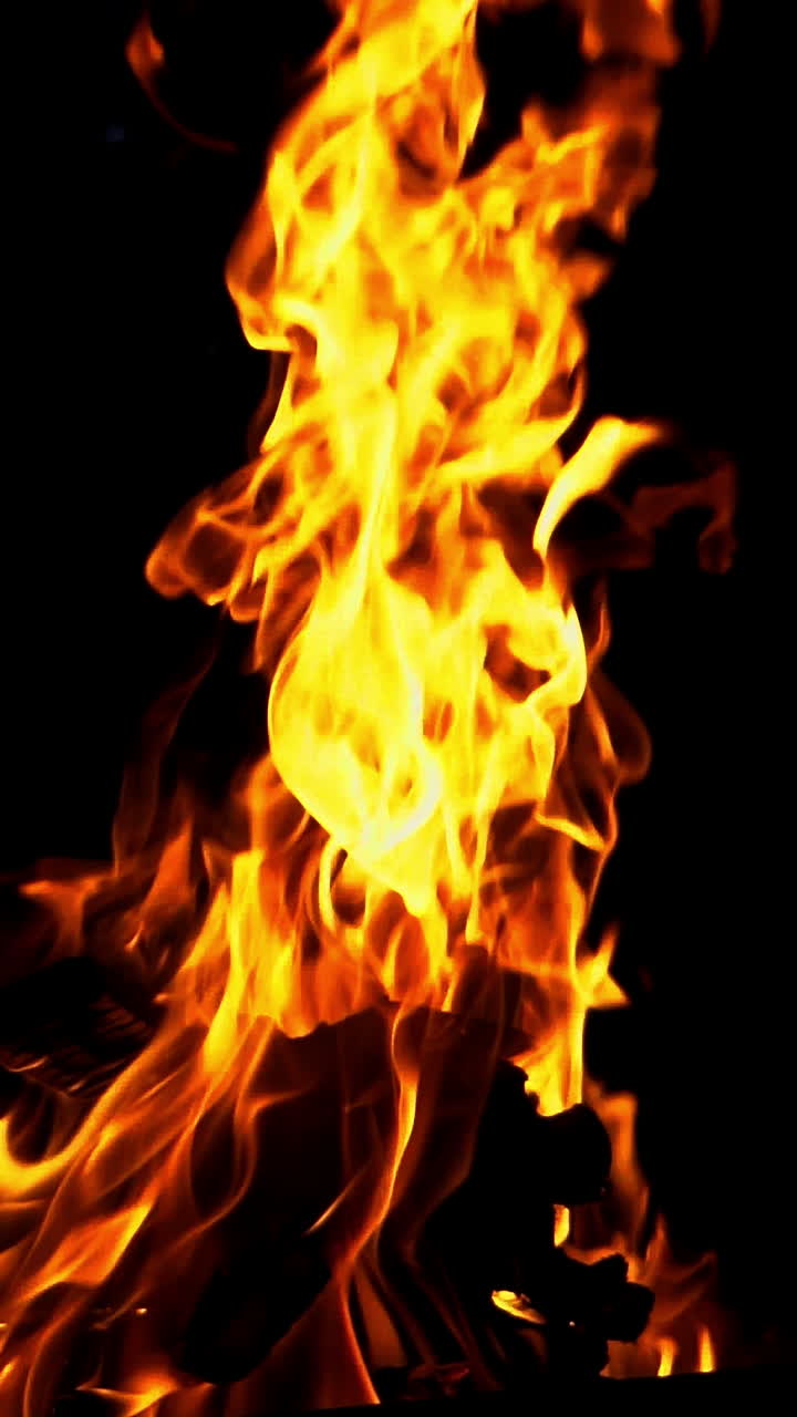 Slow motion of fire at bonfire in the dark, closeup Vertical video