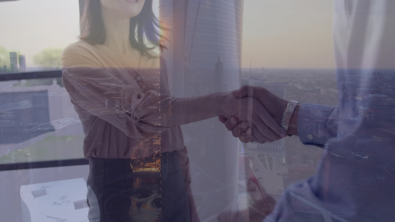 animación de empresarios caucásicos estrechando la mano sobre el paisaje urbano