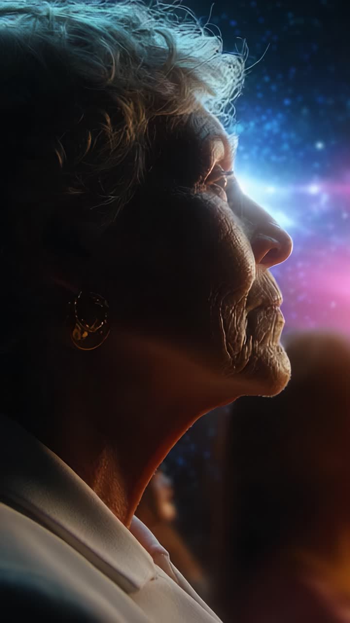 An elderly woman gazes thoughtfully into a cosmic expanse, embodying wisdom and contemplation against a backdrop of stars and swirling galaxies