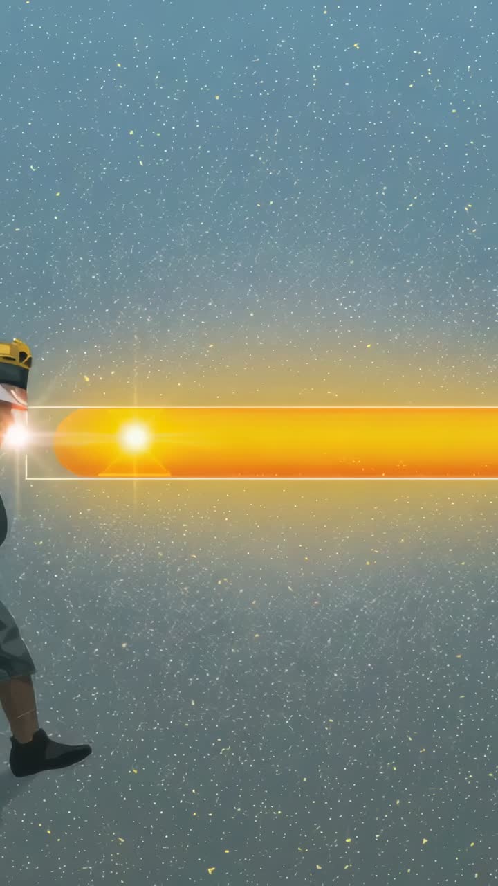 Vertical video: Sending fighter forming orb and firing bright beam in starfield visor, copy space