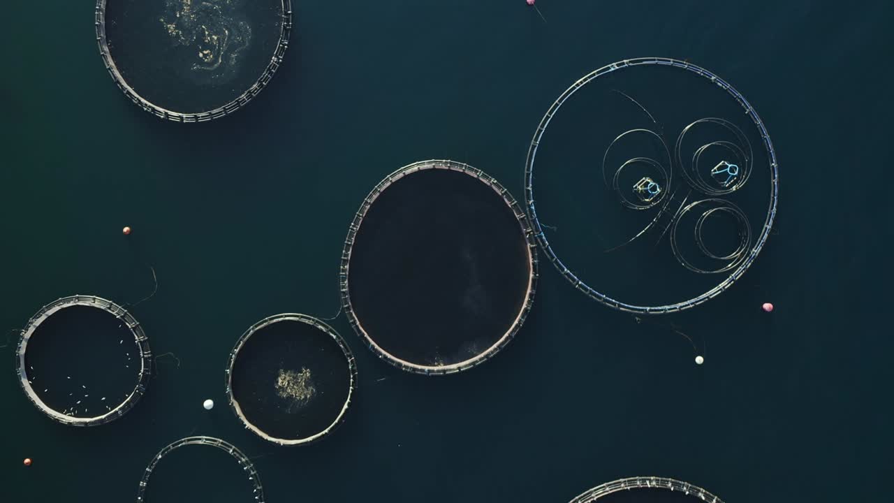 Drone shot of fish farms in the sea.