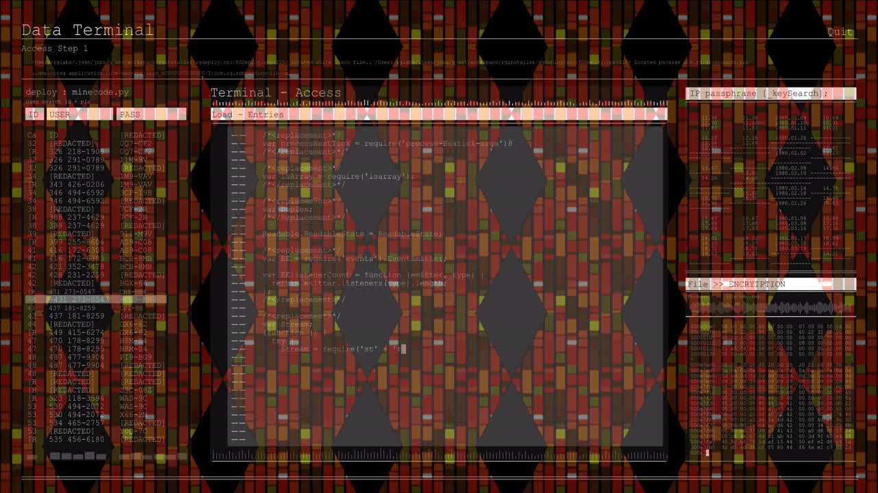 Digital interface with data processing against abstract structures on black background