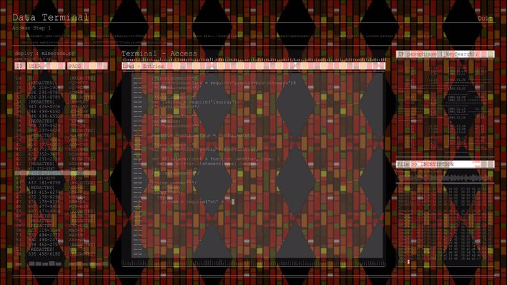 Digital interface with data processing against abstract structures on black background