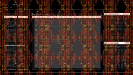 digital interface with data processing against abstract structures on black background