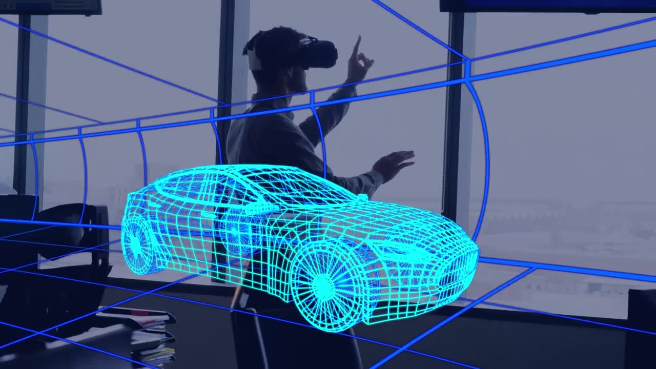 animación de dibujo 3d digital de un coche sobre un hombre usando auriculares vr