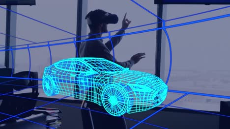 Animation-Einer-Digitalen-3D-Zeichnung-Eines-Autos-über-Einem-Mann-Mithilfe-Eines-VR-Headsets