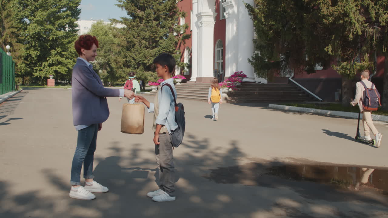 Cheerful Woman Seeing Boy Off to School in Morning