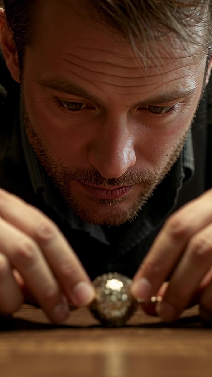 Uomo con camicia scura che esamina e ruota una sfera ornata su un tavolo di legno, con un panno e una catena corta.