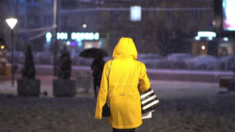 Person-In-Gelber-Regenjacke-Geht-In-Zeitlupe-Davon,-Während-Schnee-Fällt