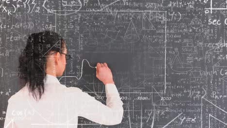 animation of floating mathematical equations over female teacher writing on blackboard