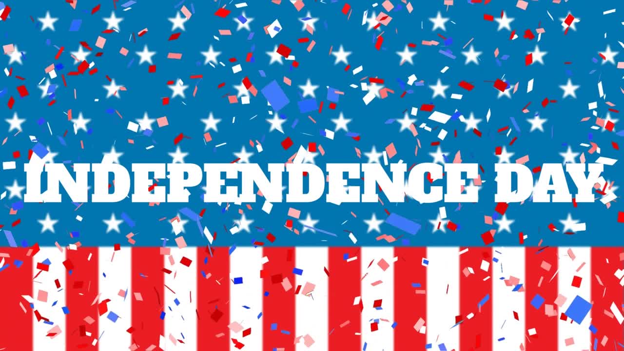 Animation of falling confetti over independence day text over american flag