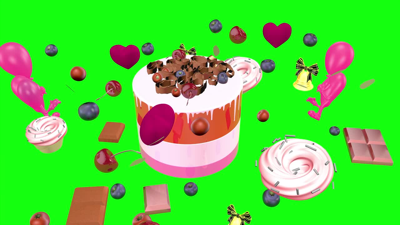 pastel de cumpleaños y regalos de cumpleañas pantalla verde. renderización 3d