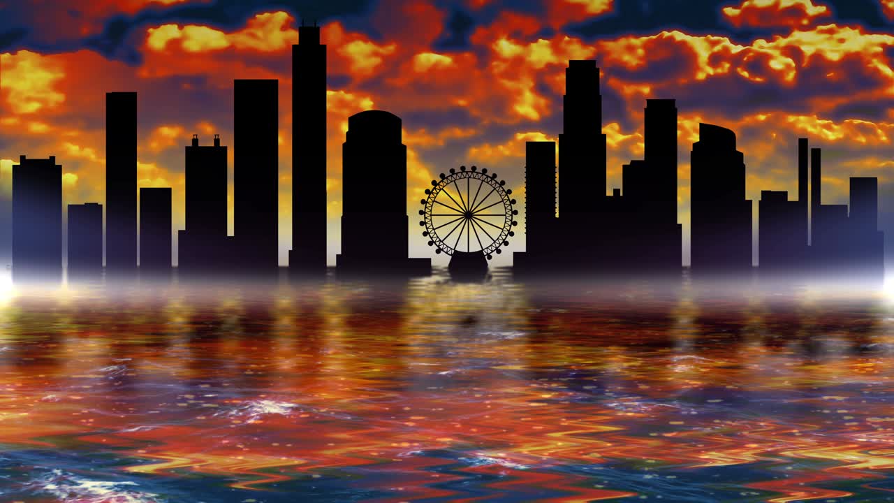 로스앤젤레스 랜드마크 파노라마: 건물의 윤이 물에 반사됩니다.