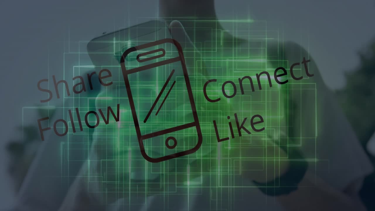 스마트폰을 사용하는 사람 위에 소셜 미디어 텍스트와 전화 아이콘의 애니메이션