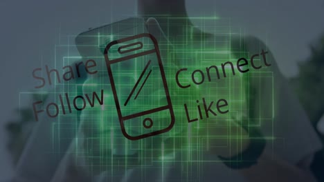 animación de texto de redes sociales y icono de teléfono sobre el hombre usando teléfono inteligente.