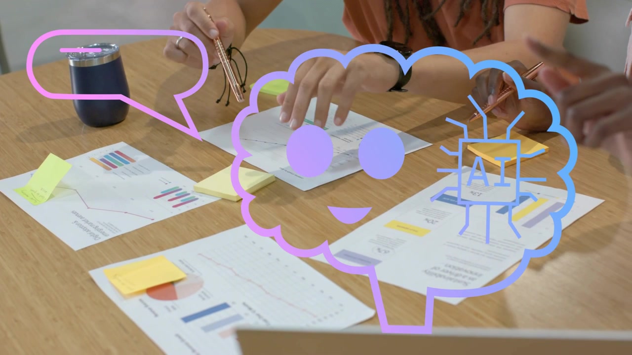 Business peers reviewing data, pointing and sliding notes, causing AI cloud overlay over table