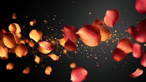 colorful petals float in the air. bright petals in shades of orange and red drift gracefully, creating a beautiful display with a dark background.