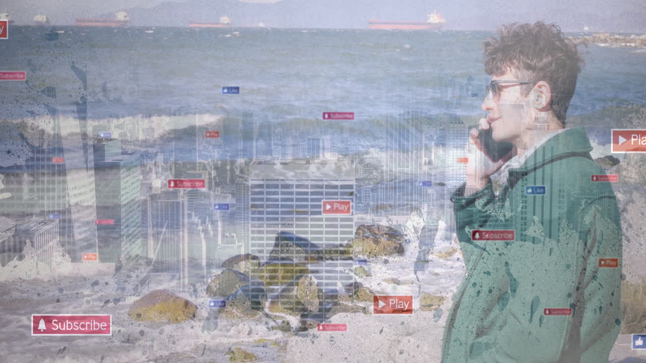 Talking on phone, person at beach with digital media animation overlay