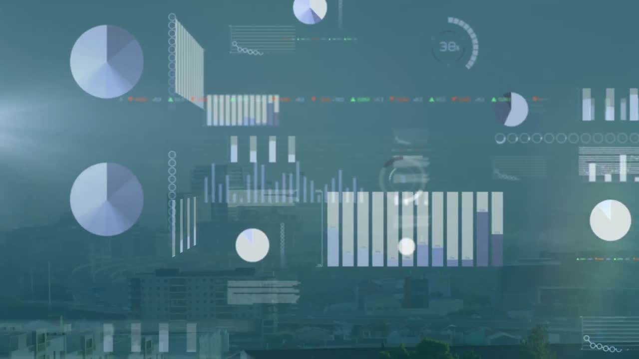 Animation of statistical and stock market data processing against aerial view of cityscape