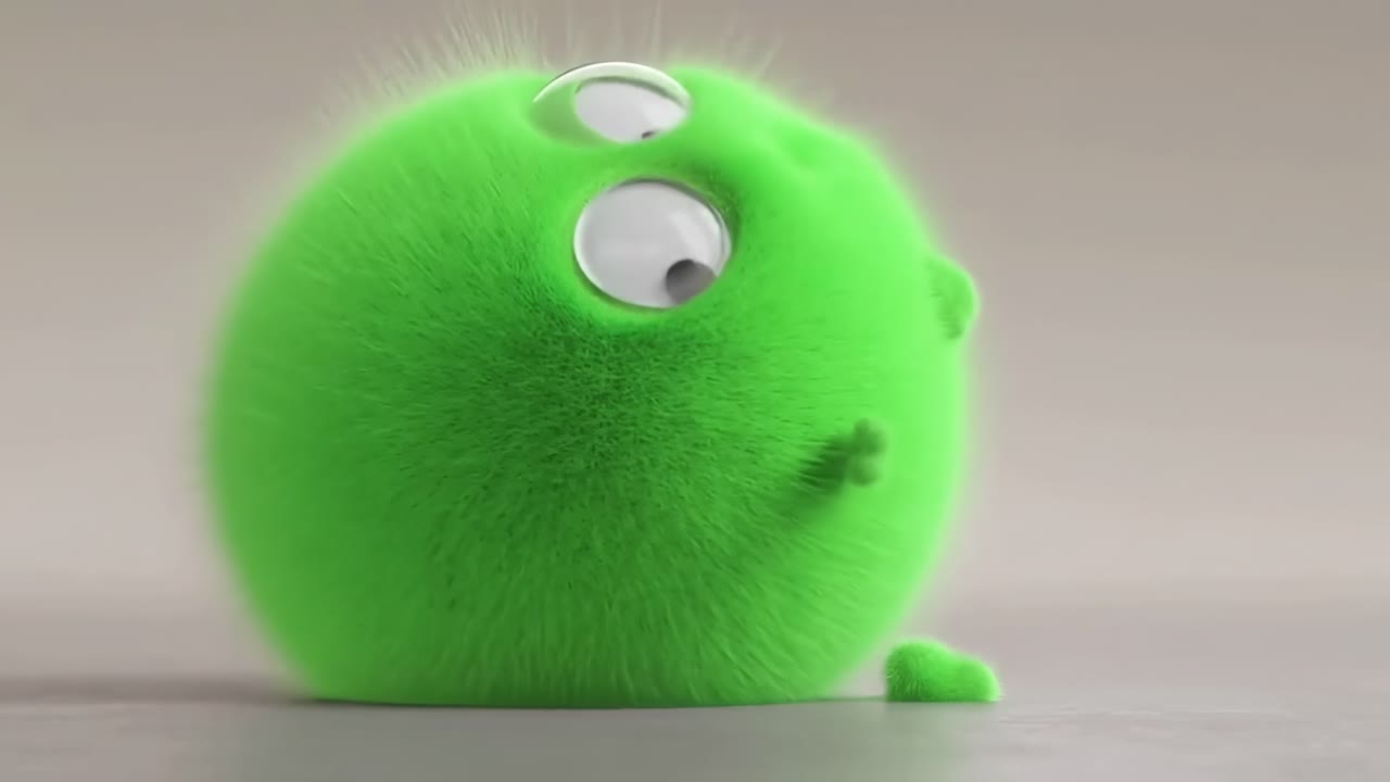 Video dal basso di una creatura verde e soffice con occhi grandi, che crea un'atmosfera giocosa e stravagante.